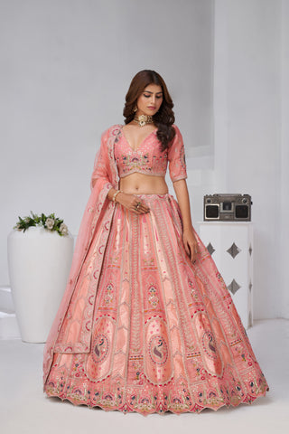 Pink Opulent Aura Raw Silk Bridal Lehenga With Peacock And Paisley Motifs