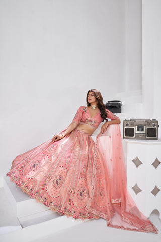 Pink Opulent Aura Raw Silk Bridal Lehenga With Peacock And Paisley Motifs