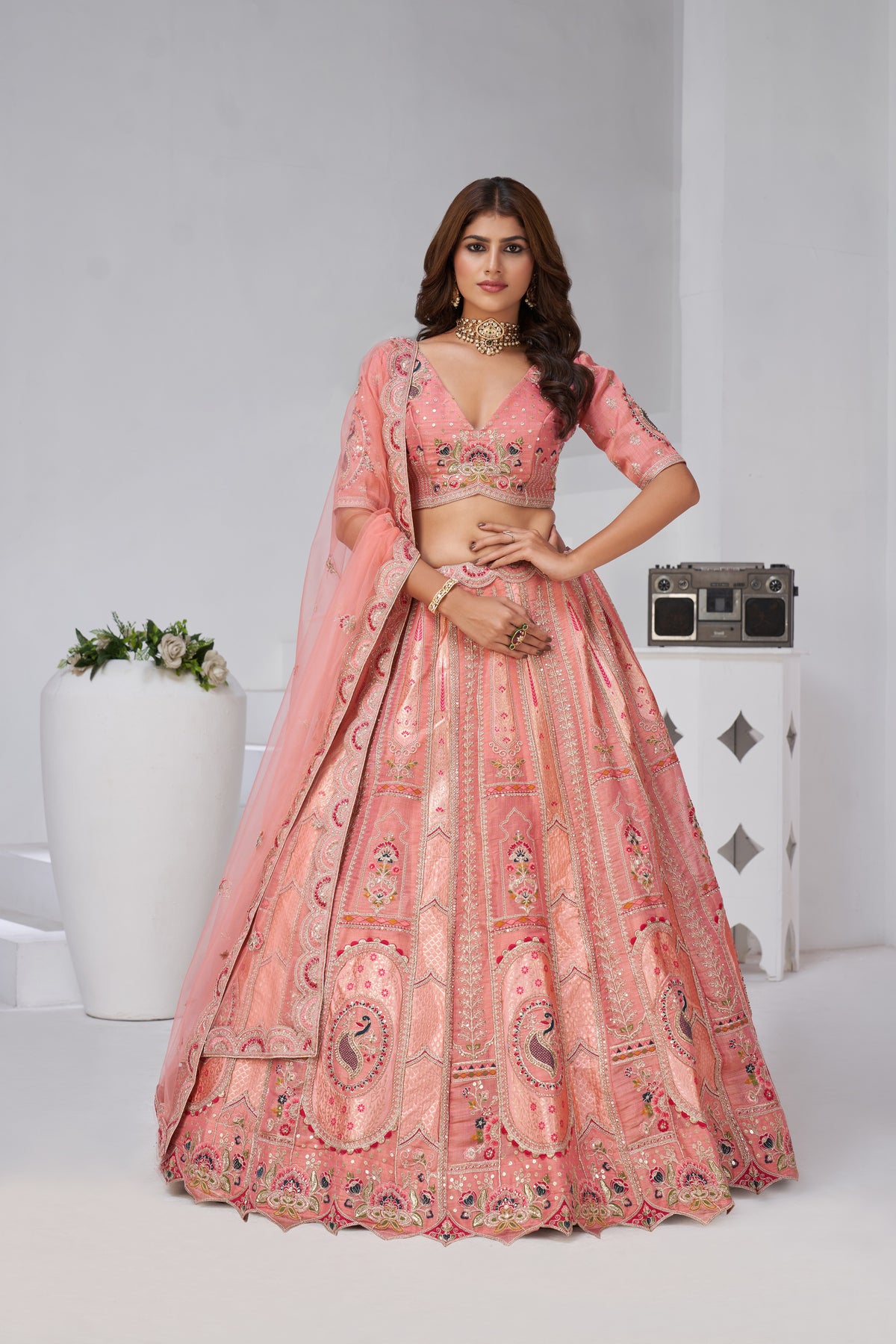 Pink Opulent Aura Raw Silk Bridal Lehenga With Peacock And Paisley Motifs