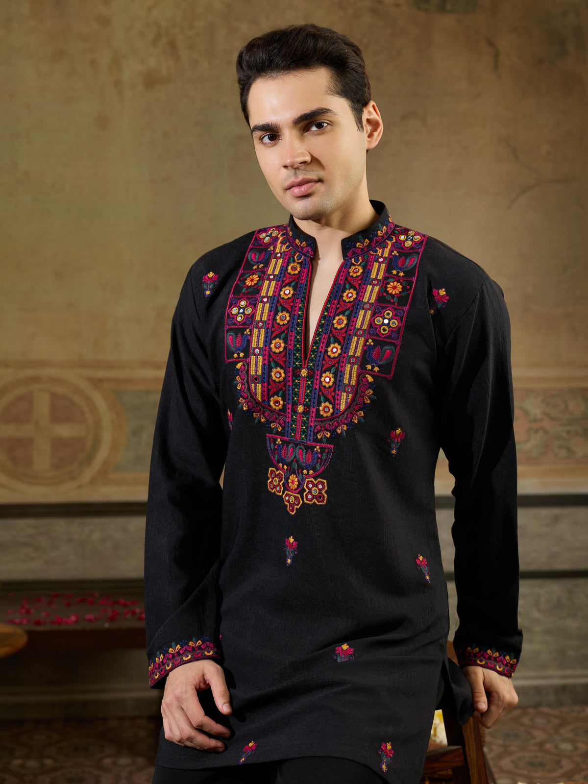 Festive Black Rayon Embroidered Kurta Set | Tulip Designer