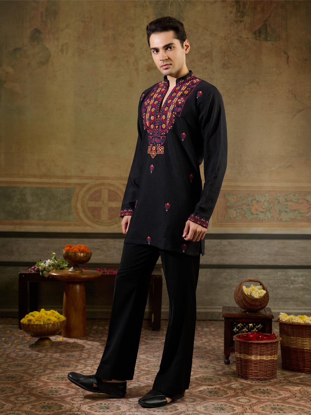 Festive Black Rayon Embroidered Kurta Set | Tulip Designer