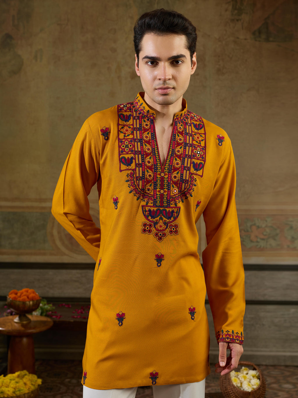 Ethnic Mustard Rayon Embroidery Kurta Set | Tulip Designer
