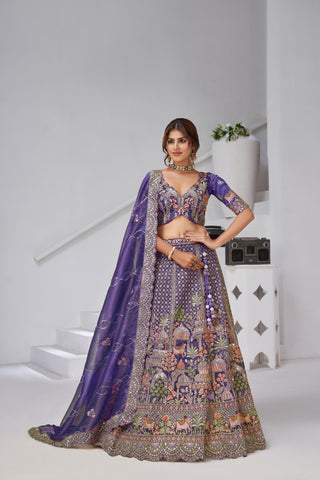 Purple Color Divine Grandeur Royal Raw Silk Bridal Lehenga Set