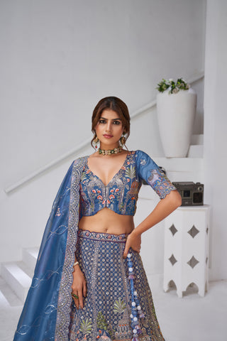 Teal Divine Grandeur Royal Raw Silk Bridal Lehenga Set