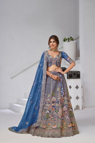 Teal Divine Grandeur Royal Raw Silk Bridal Lehenga Set
