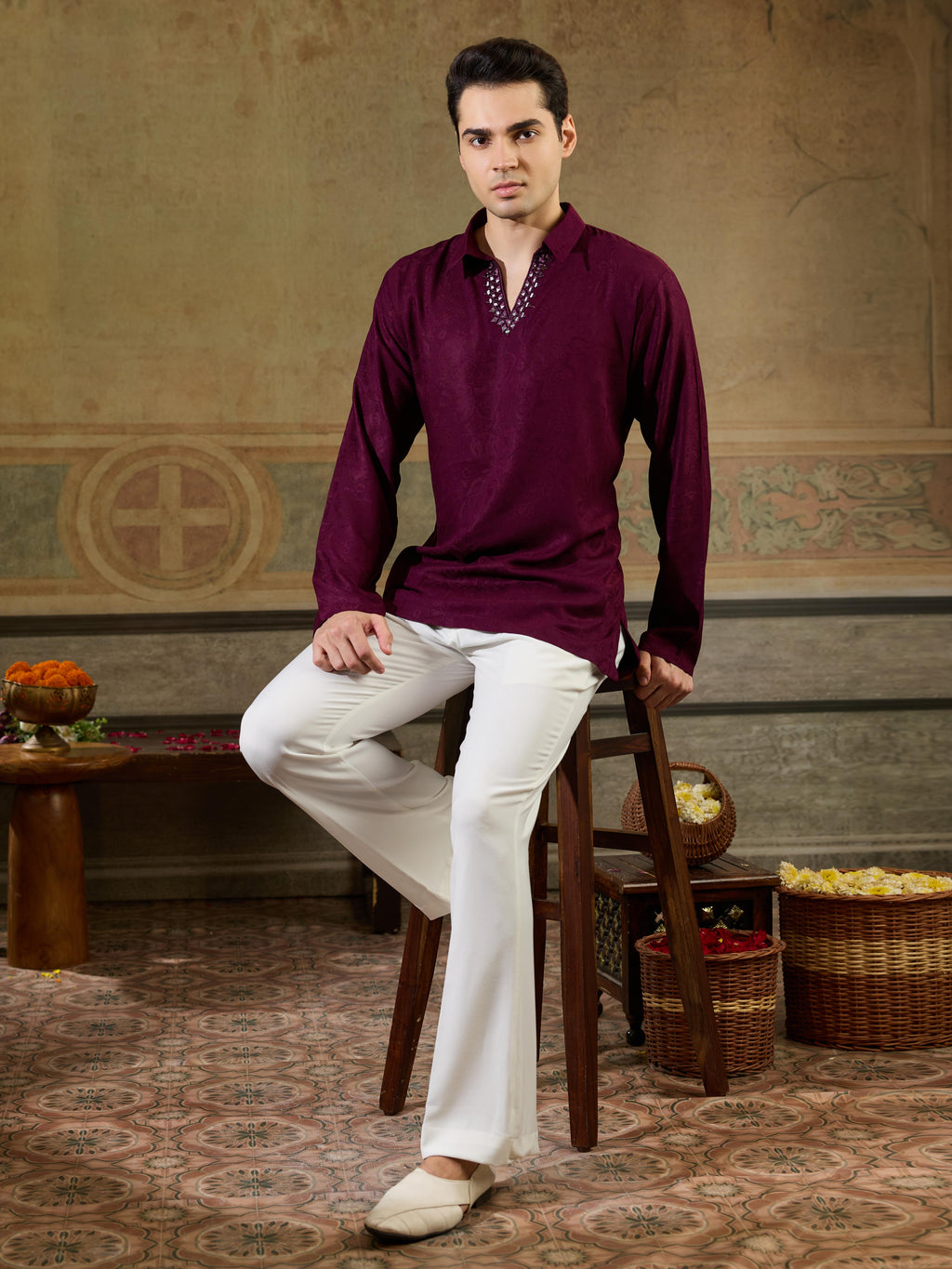 Wine Jacquard Rayon Mirror Kurta Set | Tulip Designer