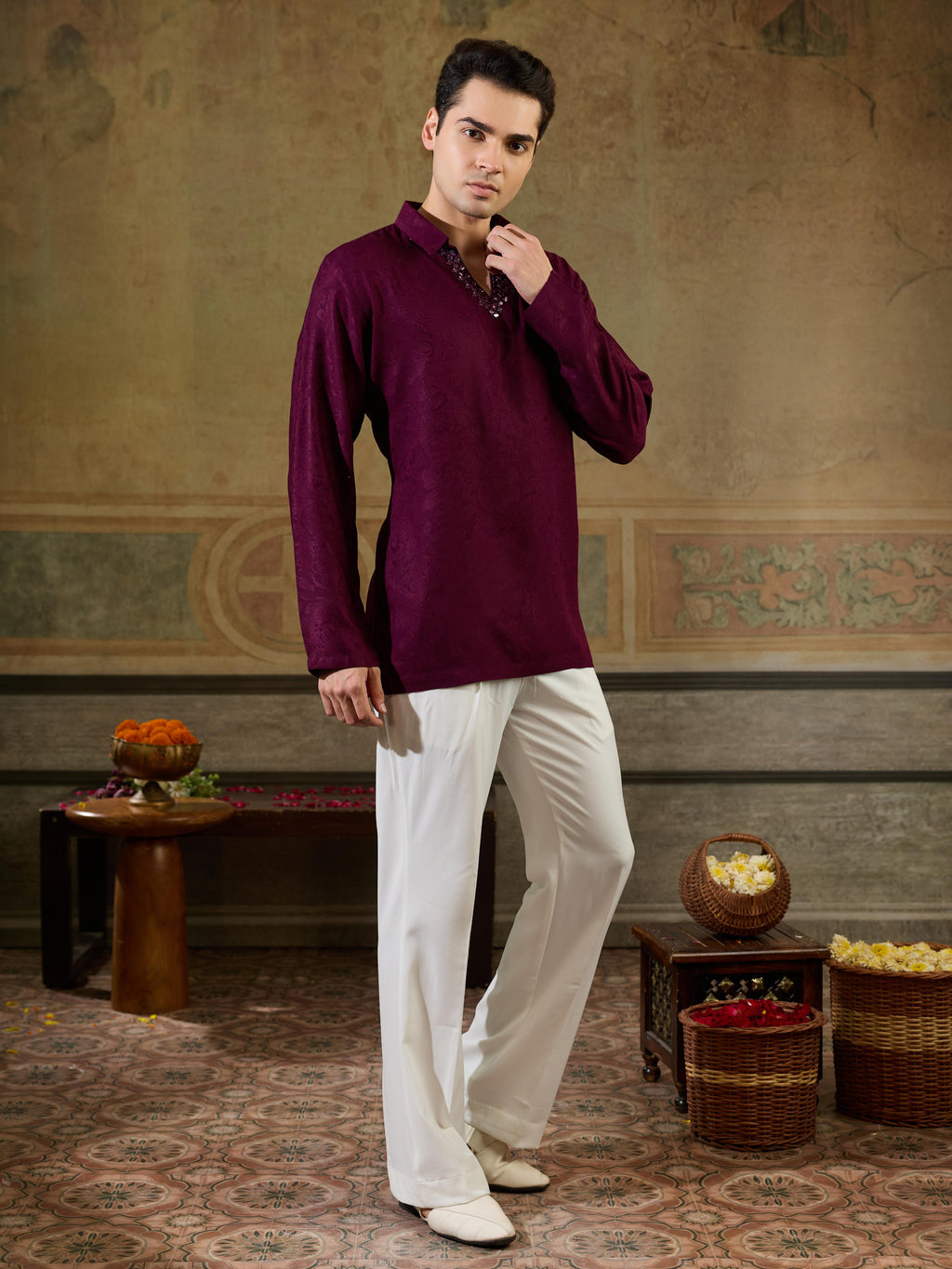 Wine Jacquard Rayon Mirror Kurta Set | Tulip Designer