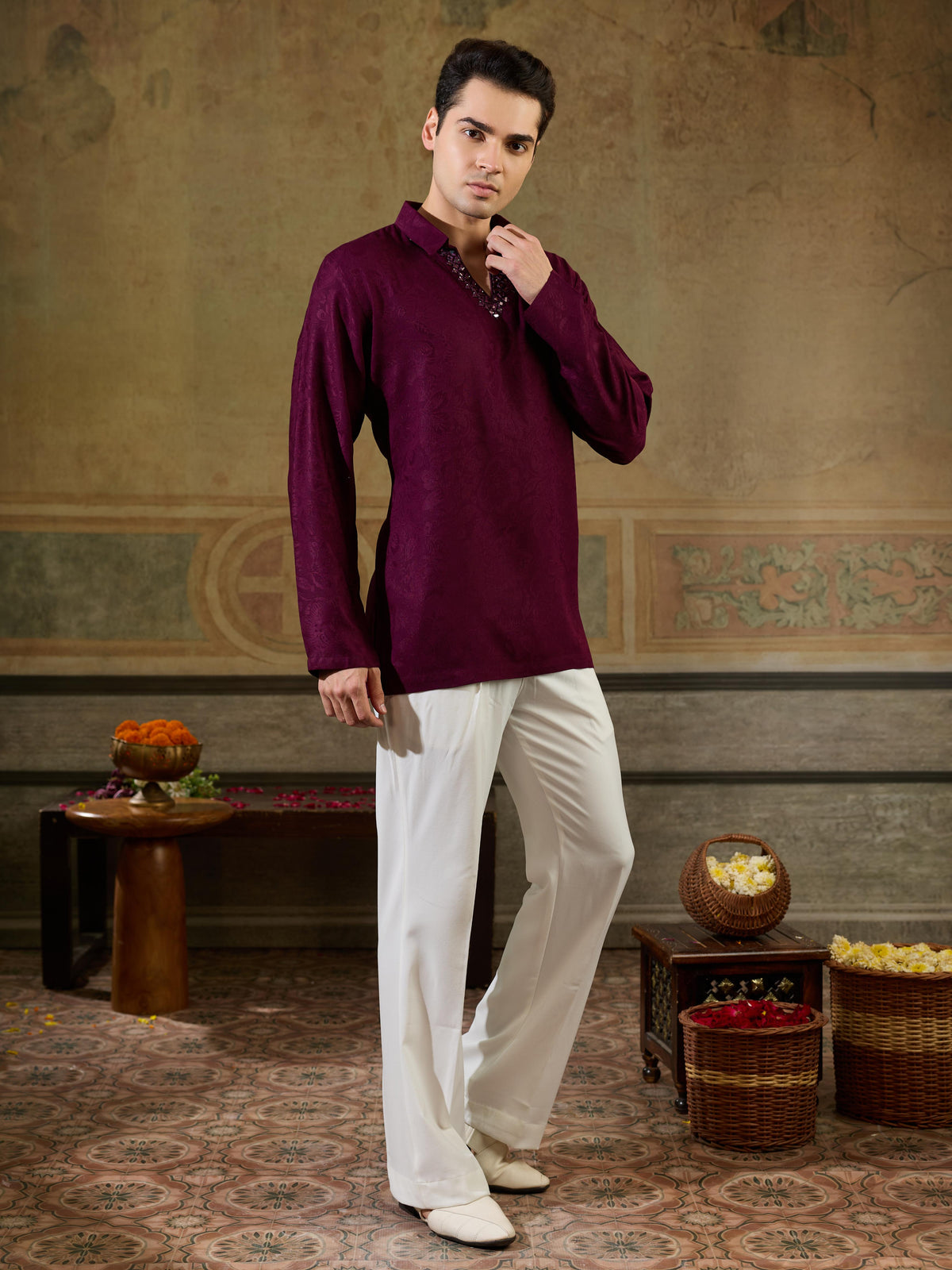 Wine Jacquard Rayon Mirror Kurta Set | Tulip Designer