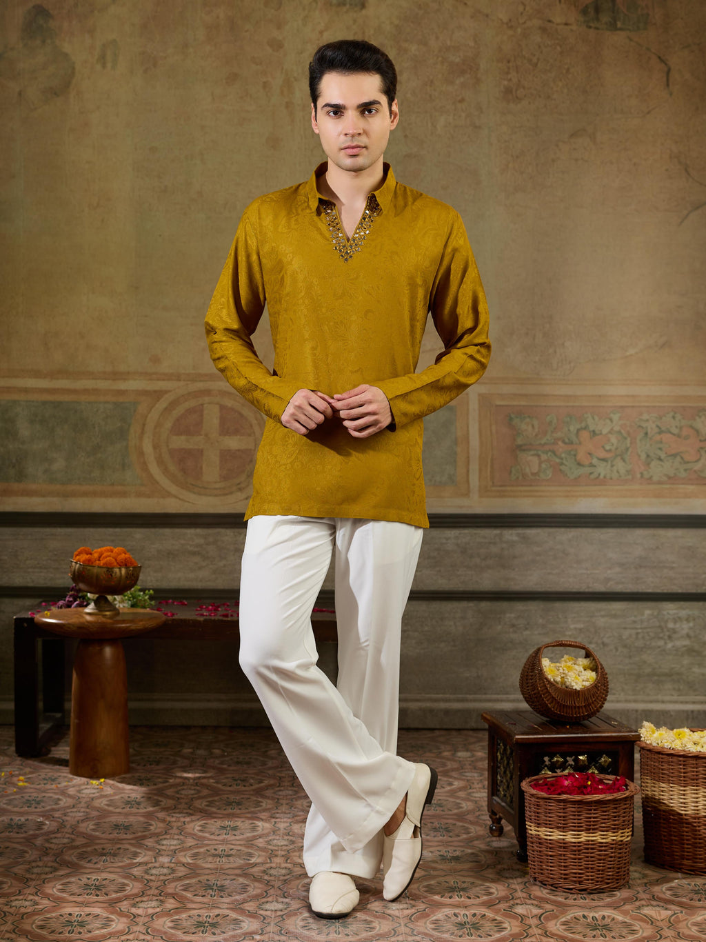 Gold Jacquard Rayon V Neck Kurta Set | Tulip Designer