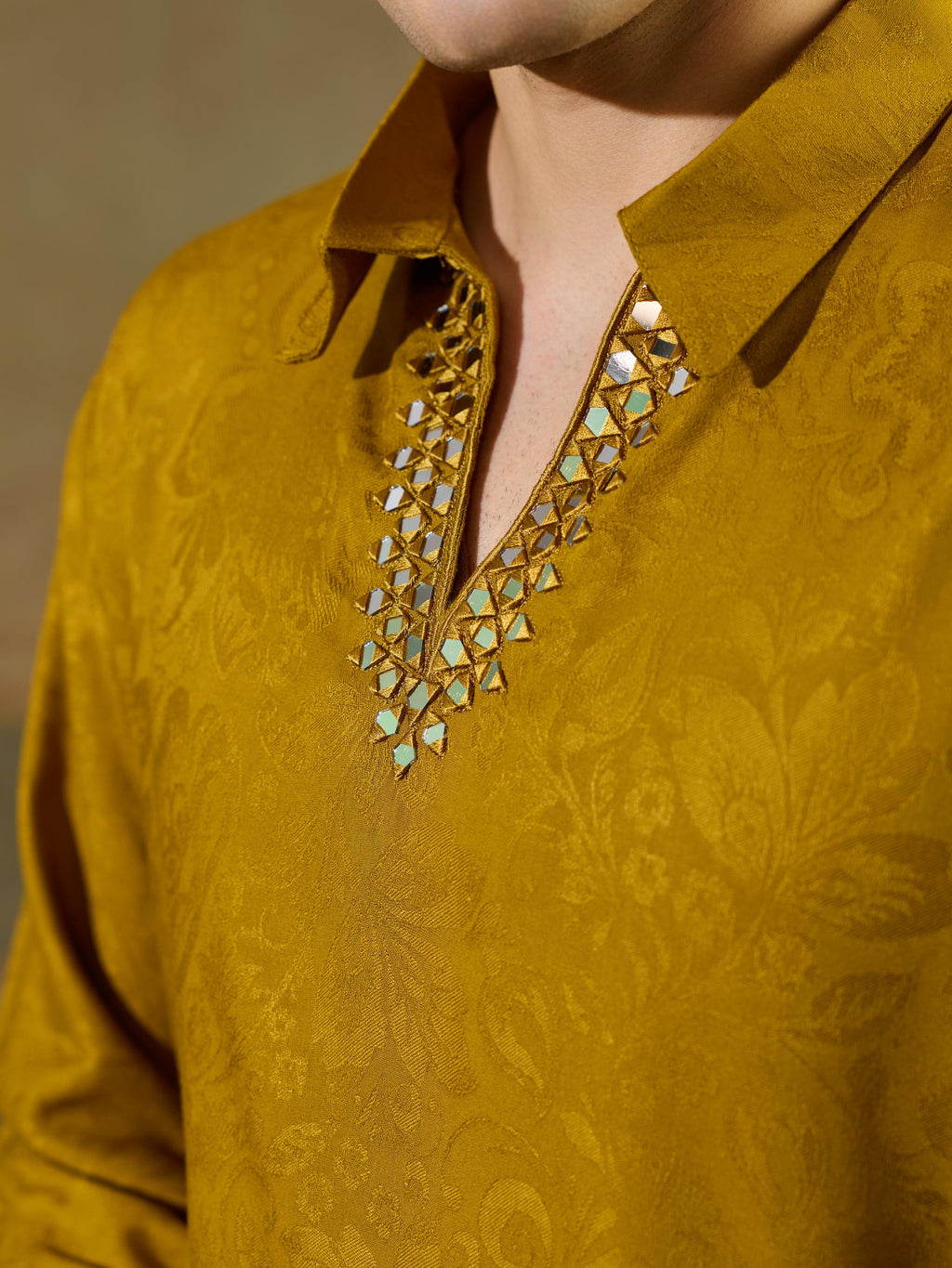 Gold Jacquard Rayon V Neck Kurta Set | Tulip Designer