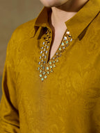 Gold Jacquard Rayon V Neck Kurta Set | Tulip Designer