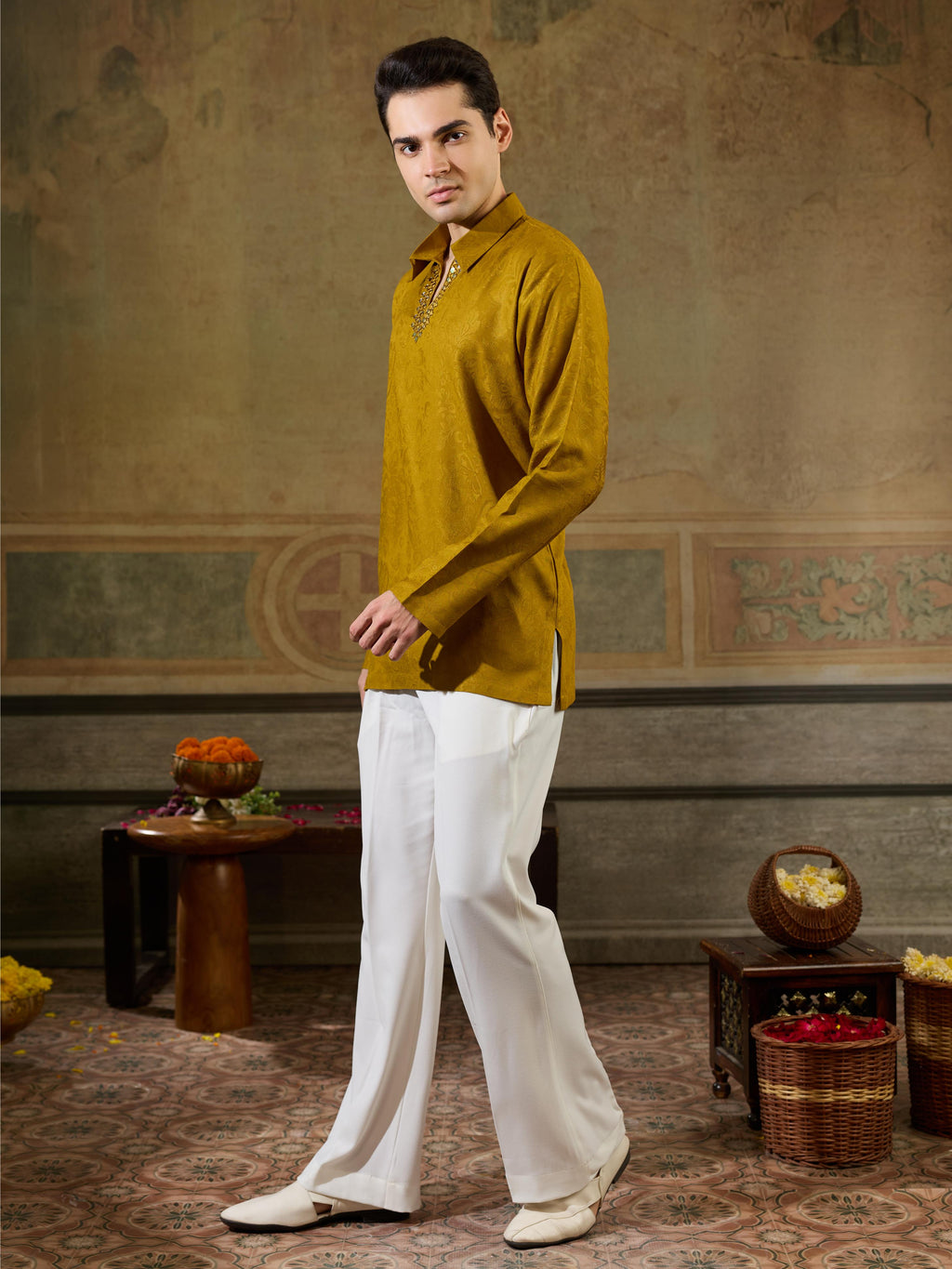 Gold Jacquard Rayon V Neck Kurta Set | Tulip Designer