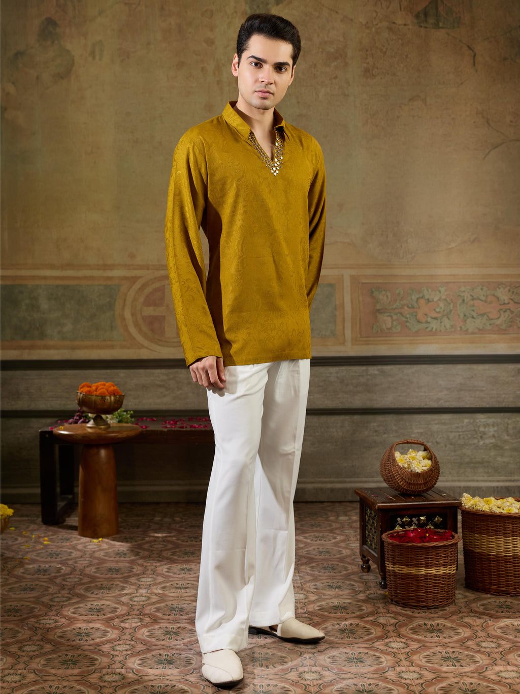 Gold Jacquard Rayon V Neck Kurta Set | Tulip Designer