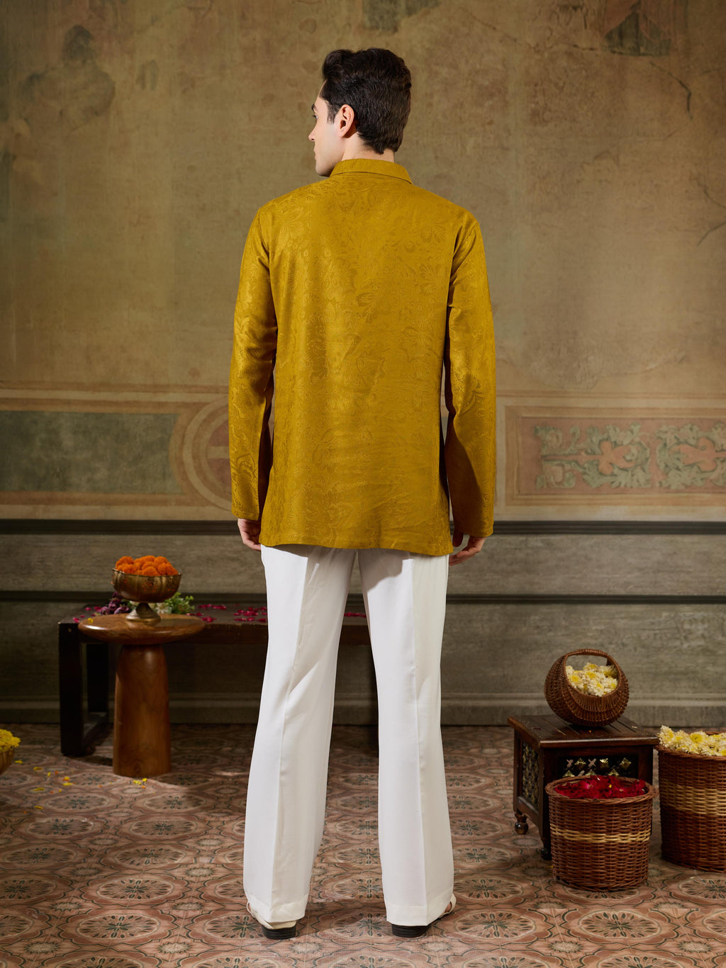 Gold Jacquard Rayon V Neck Kurta Set | Tulip Designer