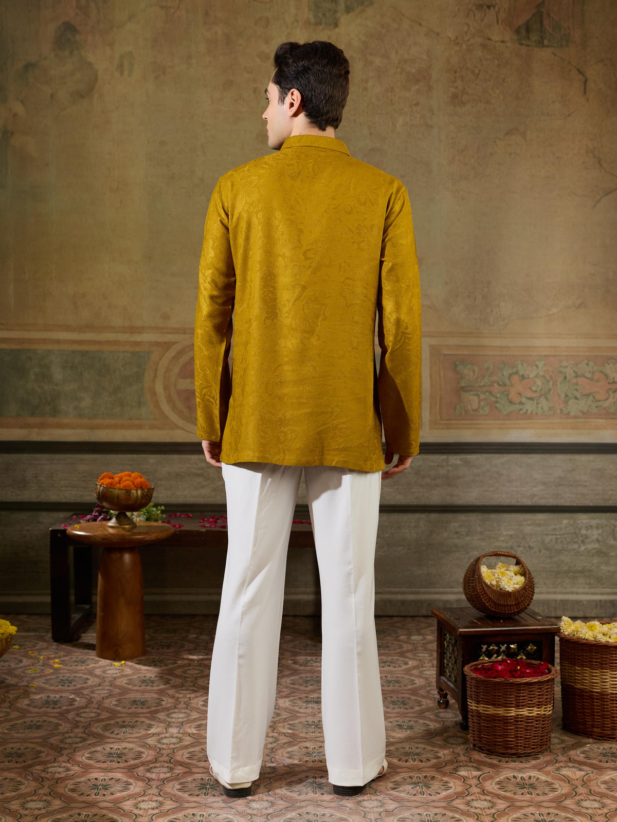 Gold Jacquard Rayon V Neck Kurta Set | Tulip Designer