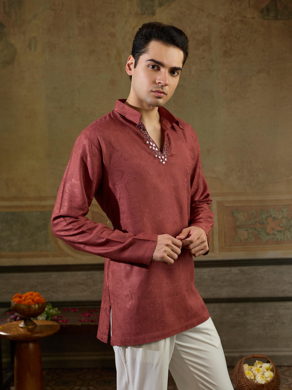 Rust Maroon Jacquard Rayon Mirror Kurta Set | Tulip Designer