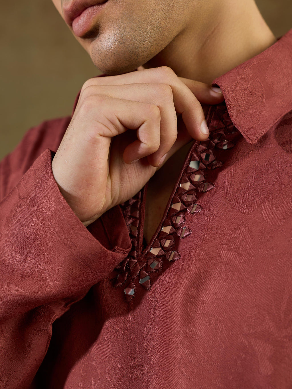 Rust Maroon Jacquard Rayon Mirror Kurta Set | Tulip Designer