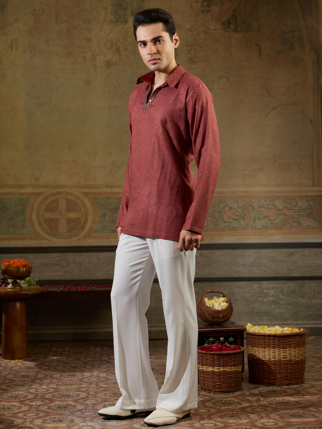 Rust Maroon Jacquard Rayon Mirror Kurta Set | Tulip Designer