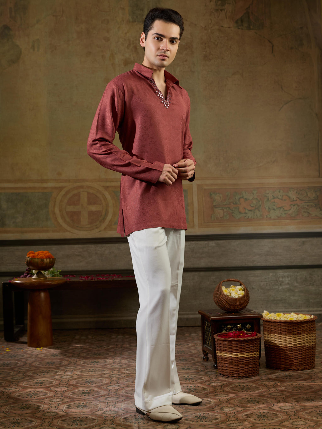 Rust Maroon Jacquard Rayon Mirror Kurta Set | Tulip Designer