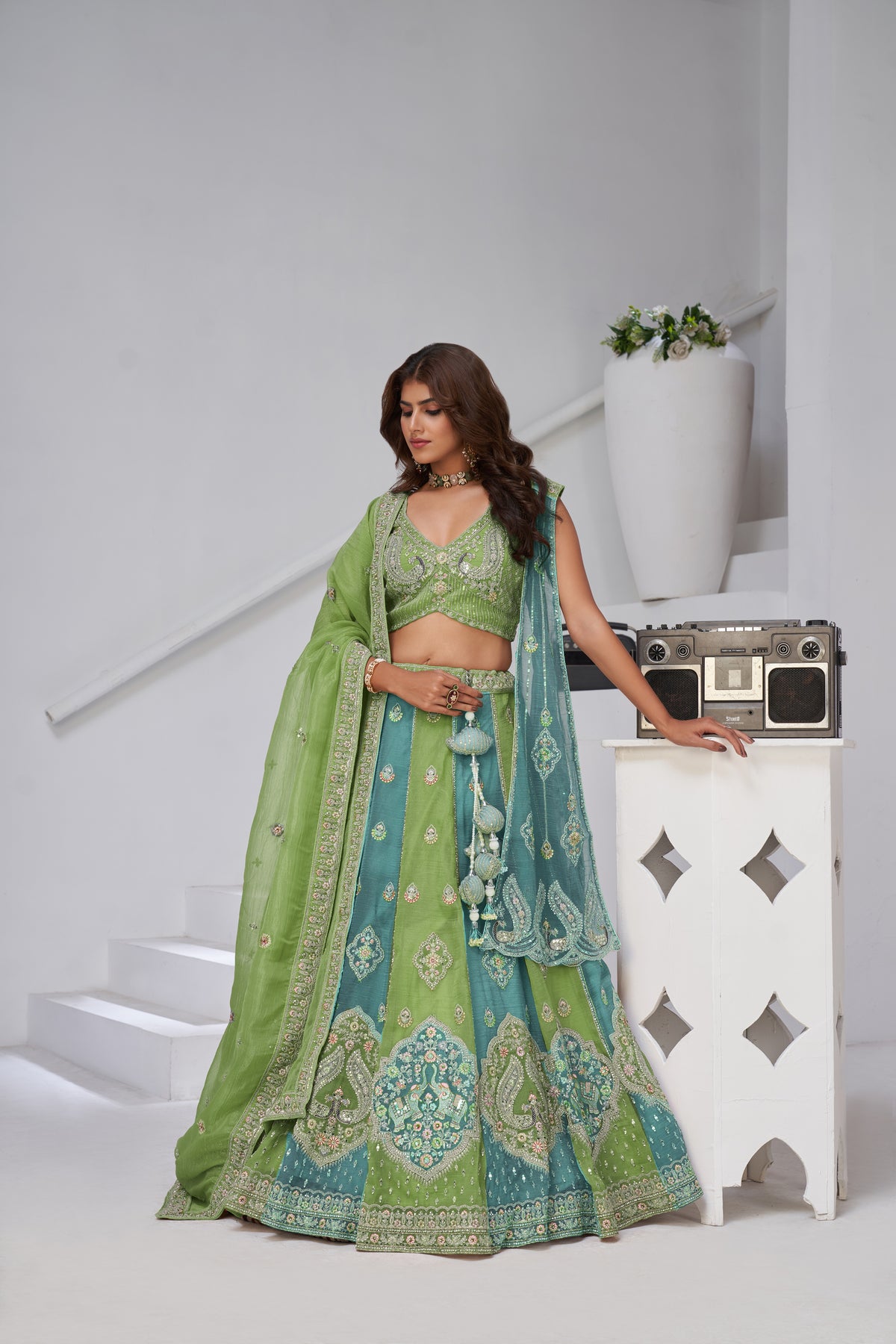 Green Ethereal Harmony Double Layered Dupatta Bridal Lehenga