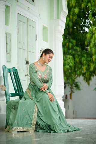 Designer Vichitra Silk Gown with Zari & Thread Embroidery and Dupatta Party Wear Dress