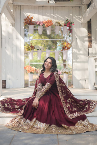 Stunning Premium Dark Maroon Anarkali Set