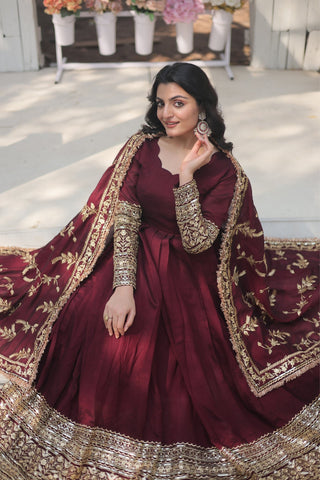 Stunning Premium Dark Maroon Anarkali Set