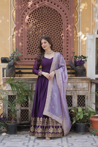 Festive Elegance Georgette Embroidered Zari Sequins Work Wedding Gown With Dupatta Set