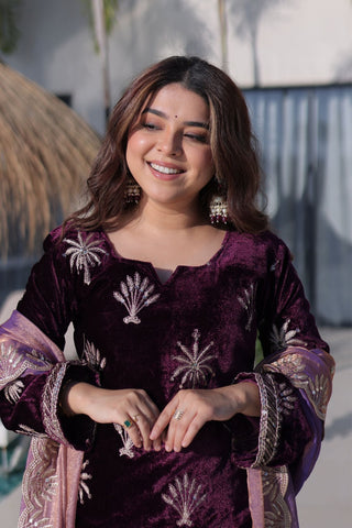 Royal Plum Ice Velvet Zari Embroidered Kurta Palazzo Set With Designer Dupatta