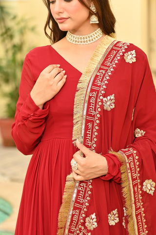 Red Embroidered Wedding Gown With Dupatta