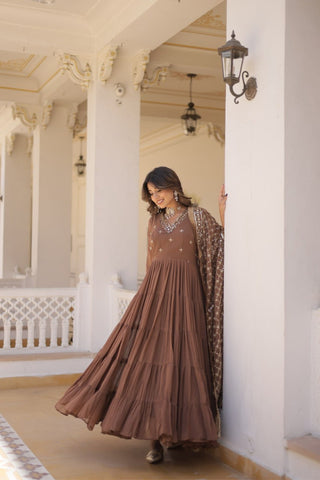 Stunning Designer Embroidered Work Gown With Dupatta Set