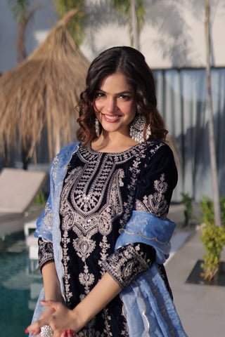 Luxury Designer Velvet Zari Embroidered Suit Set With Fendi Dupatta