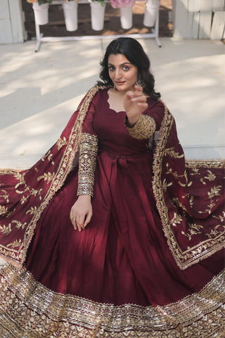 Stunning Premium Dark Maroon Anarkali Set