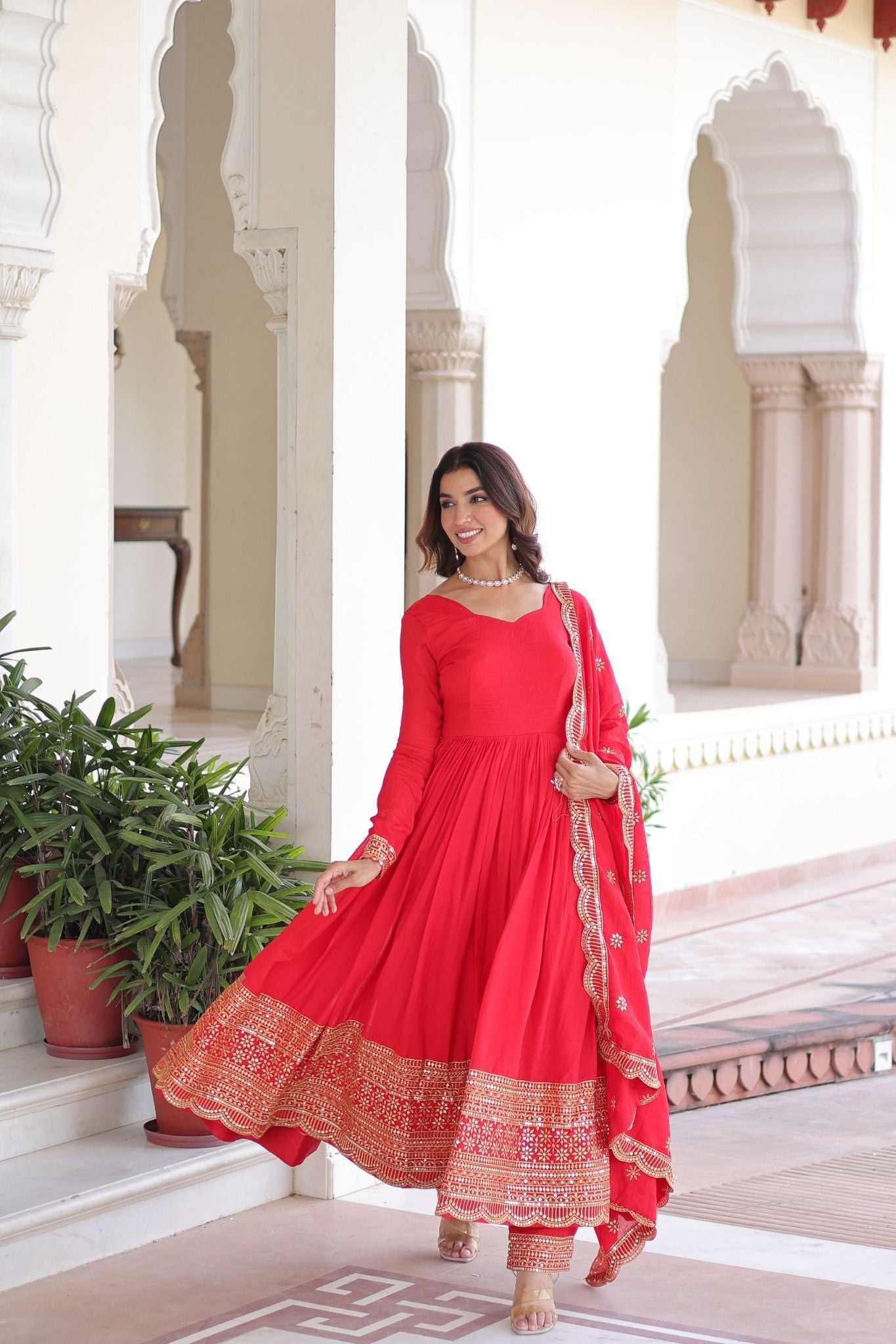 Designer Deep Red Vichitra Silk Three Piece Gown Set With Sequin Work Lace Dupatta