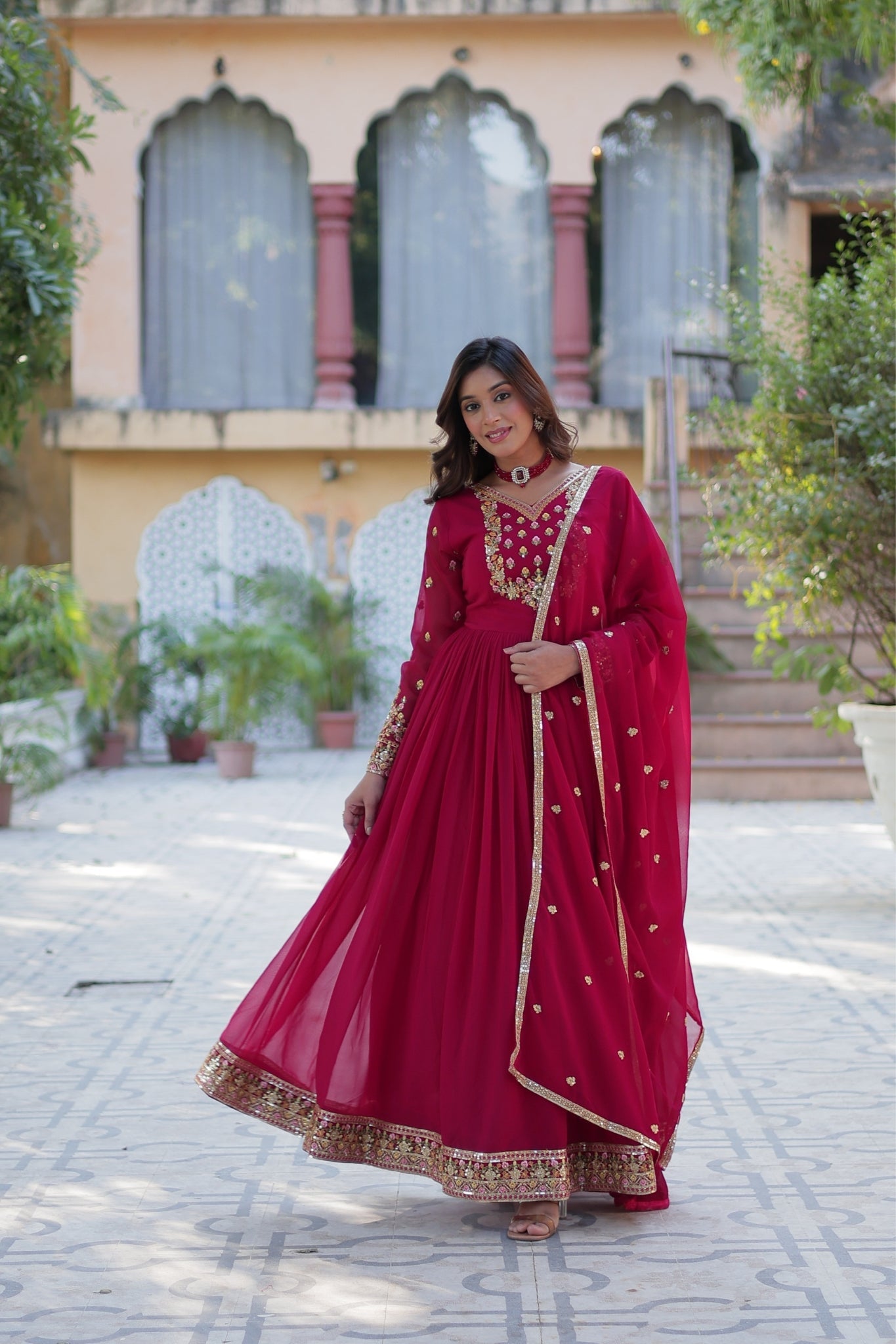 Stunning Georgette Embroidered Beautiful Gown Set