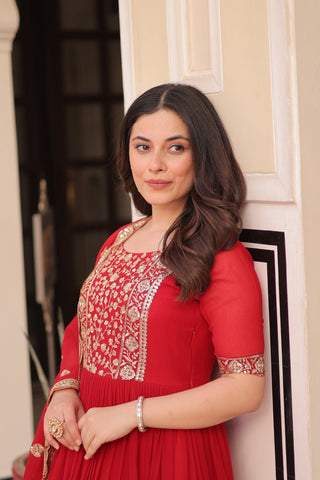 Embroidery Zari Sequins Work Designer Gown With Dupatta Set