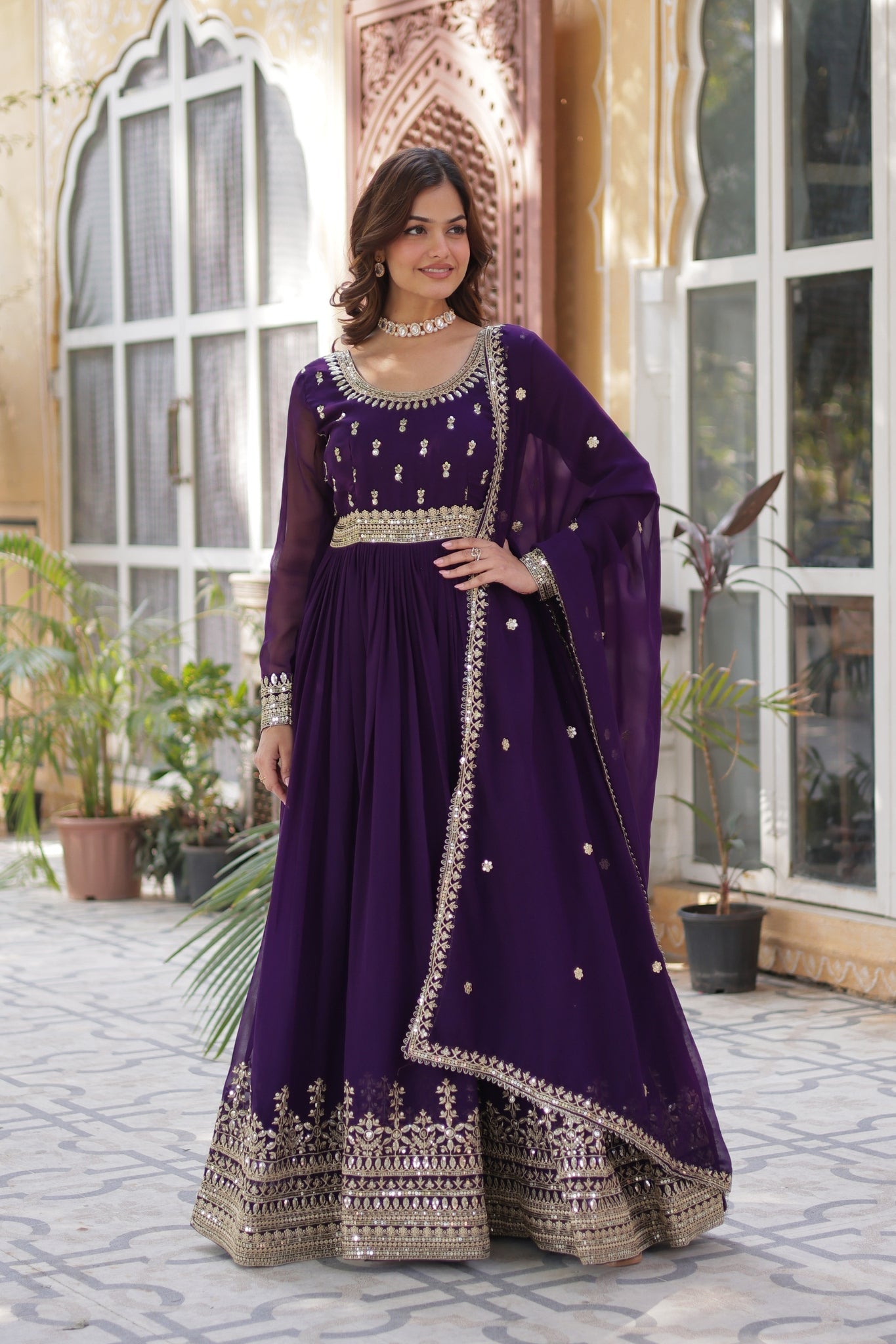 Elegance Luxury Designer Embroidered Work Gown With Dupatta Set