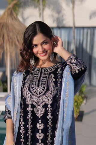 Luxury Designer Velvet Zari Embroidered Suit Set With Fendi Dupatta