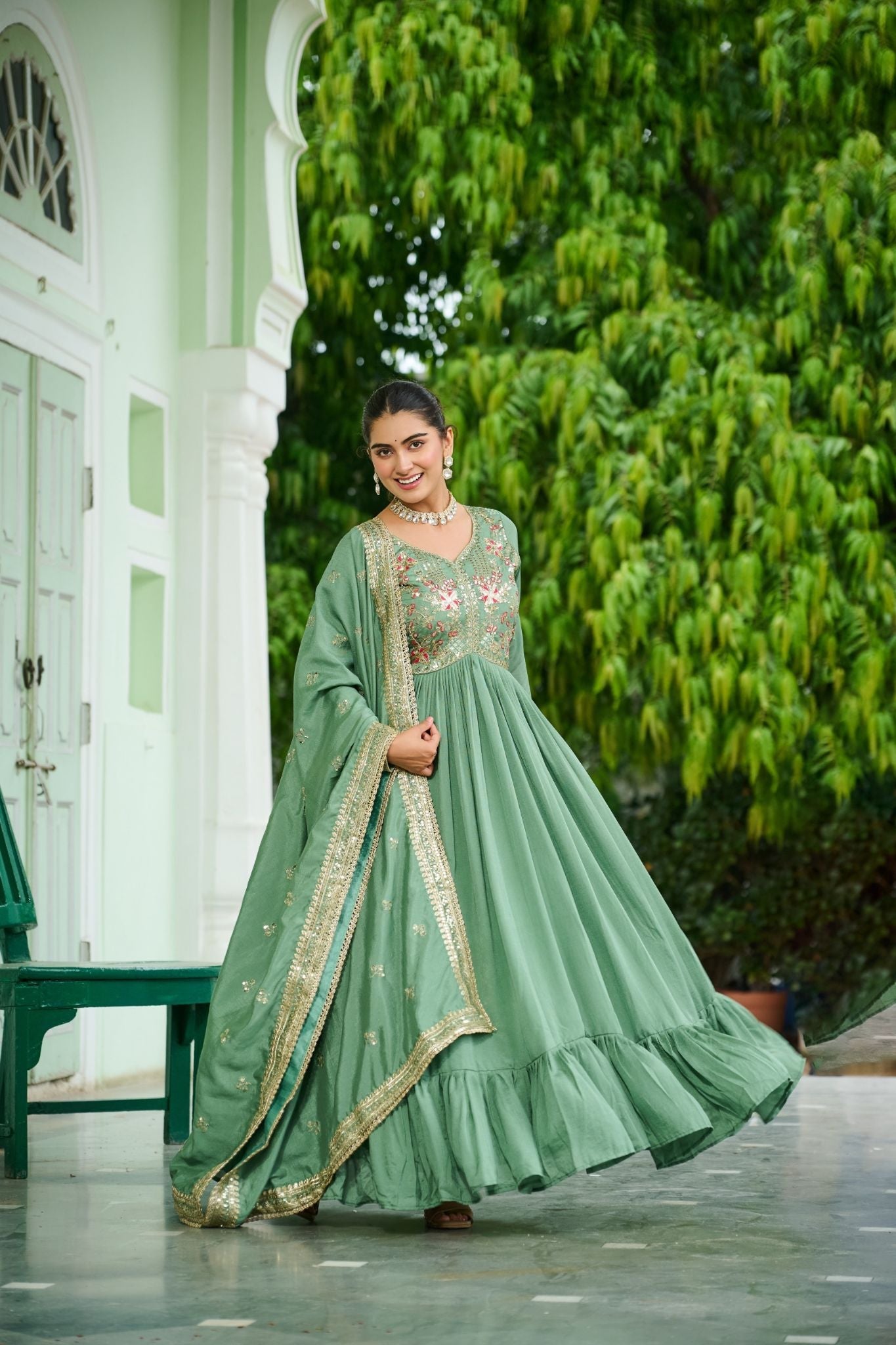 Designer Vichitra Silk Gown with Zari & Thread Embroidery and Dupatta Party Wear Dress