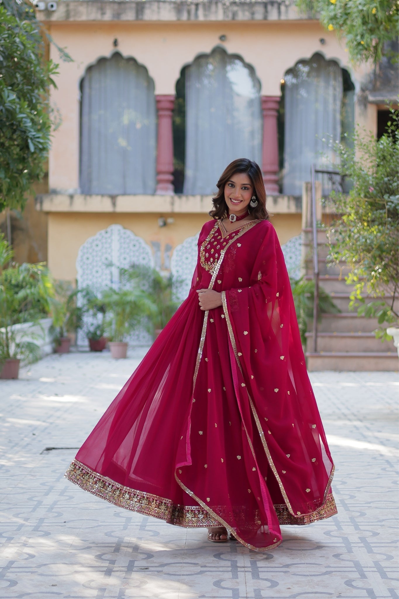 Stunning Georgette Embroidered Beautiful Gown Set