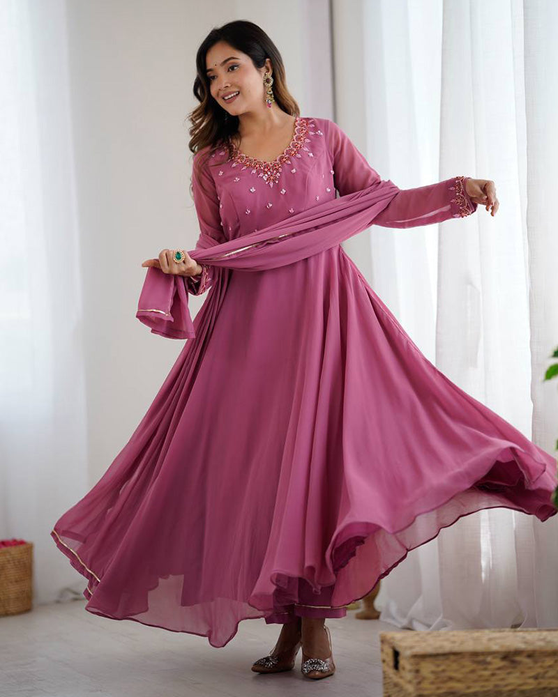 Dusty Onion Color Georgette Three Piece Anarkali Suit