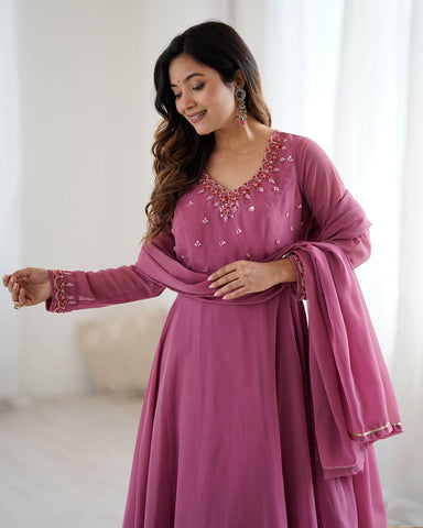 Dusty Onion Color Georgette Three Piece Anarkali Suit