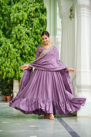 Designer Vichitra Silk Gown with Zari & Thread Embroidery and Dupatta Party Wear Dress