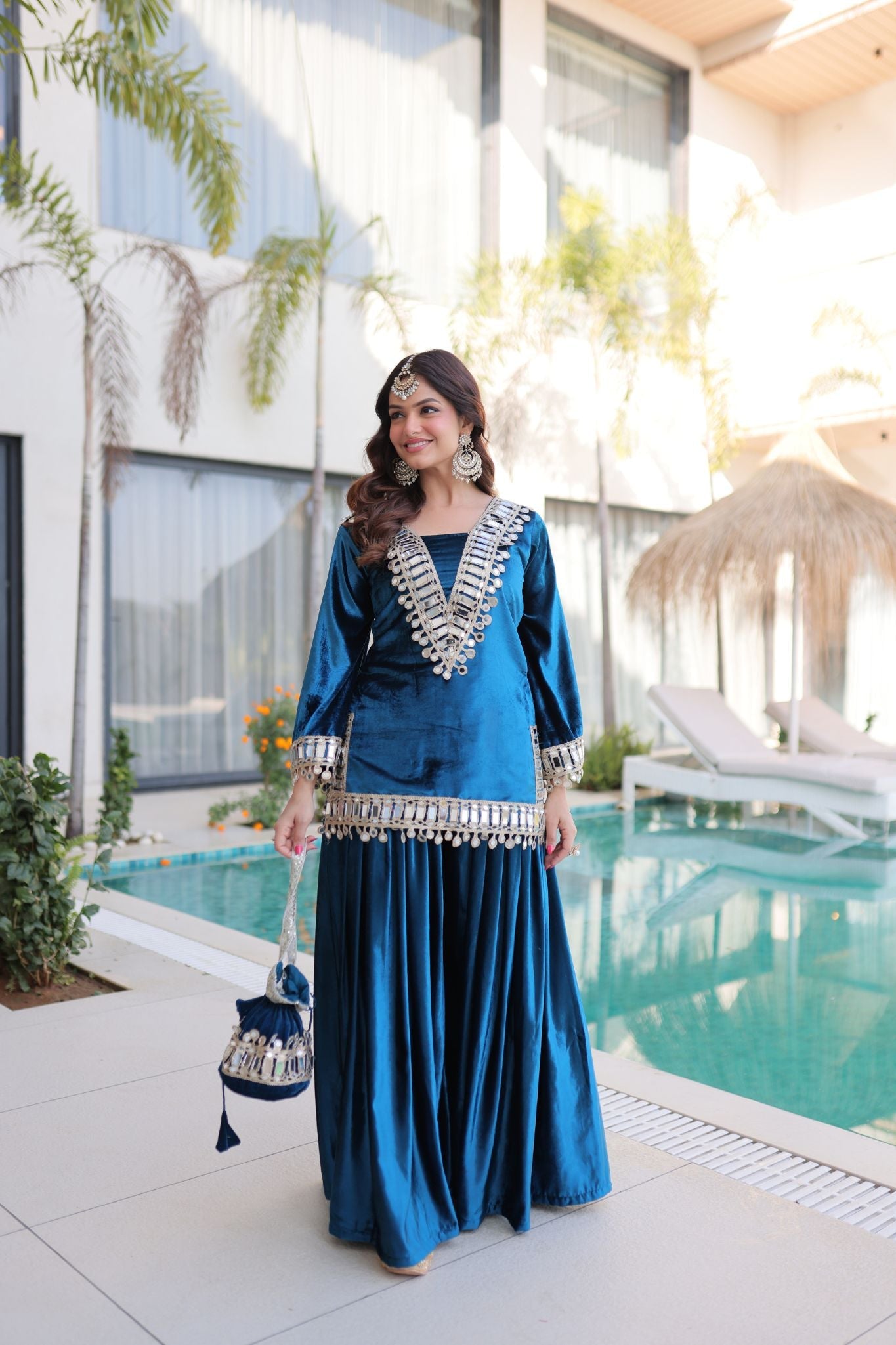 Royal Ice Velvet Zari And Mirror Embroidered Luxury Co Ord Set With Batwa