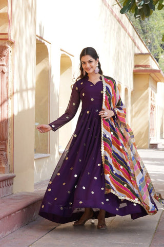 Designer Sequins Embroidered Gown With Dupatta Set