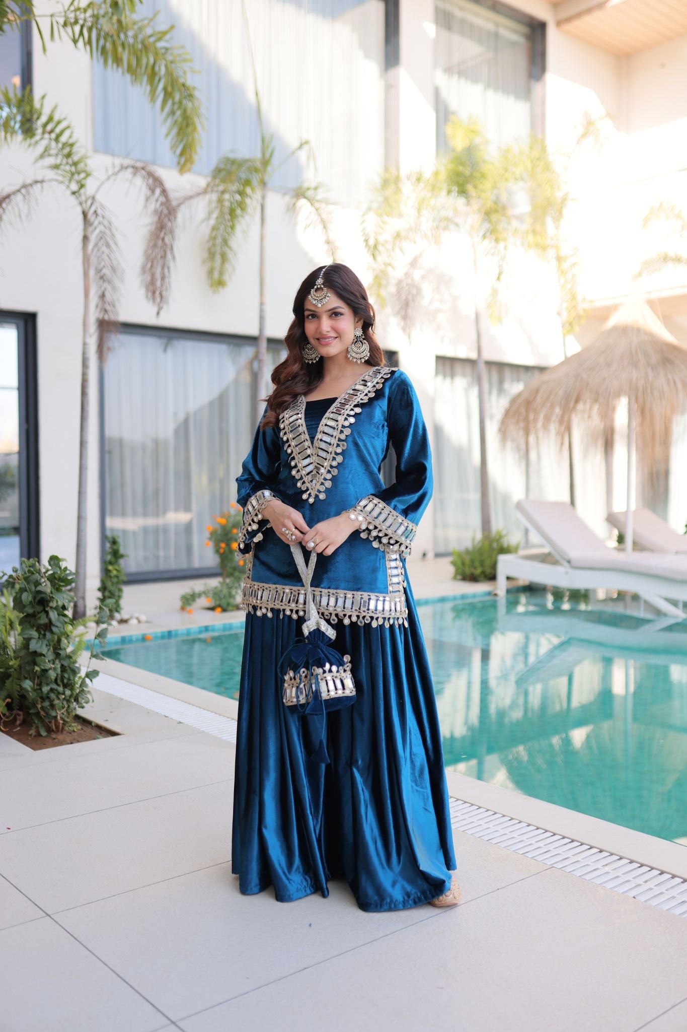 Royal Ice Velvet Zari And Mirror Embroidered Luxury Co Ord Set With Batwa