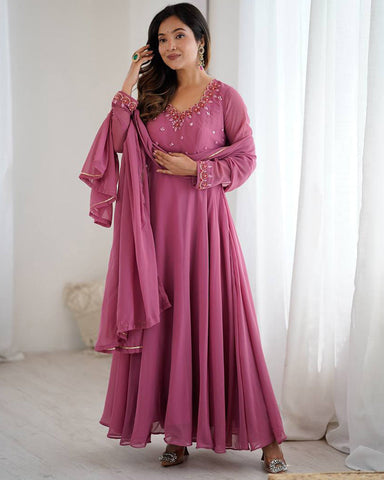 Dusty Onion Color Georgette Three Piece Anarkali Suit