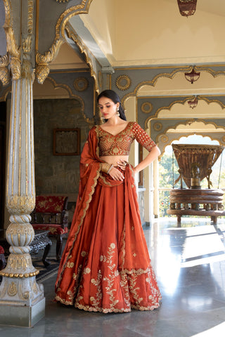 Rust & Gold Rangoli Silk Lehenga Choli Set With Dupatta