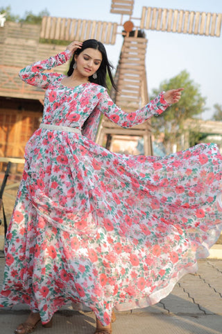 White Flower Printed Women Gown