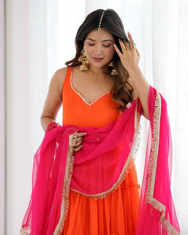 Orange Color Georgette Chiffon Three Piece Anarkali Suit